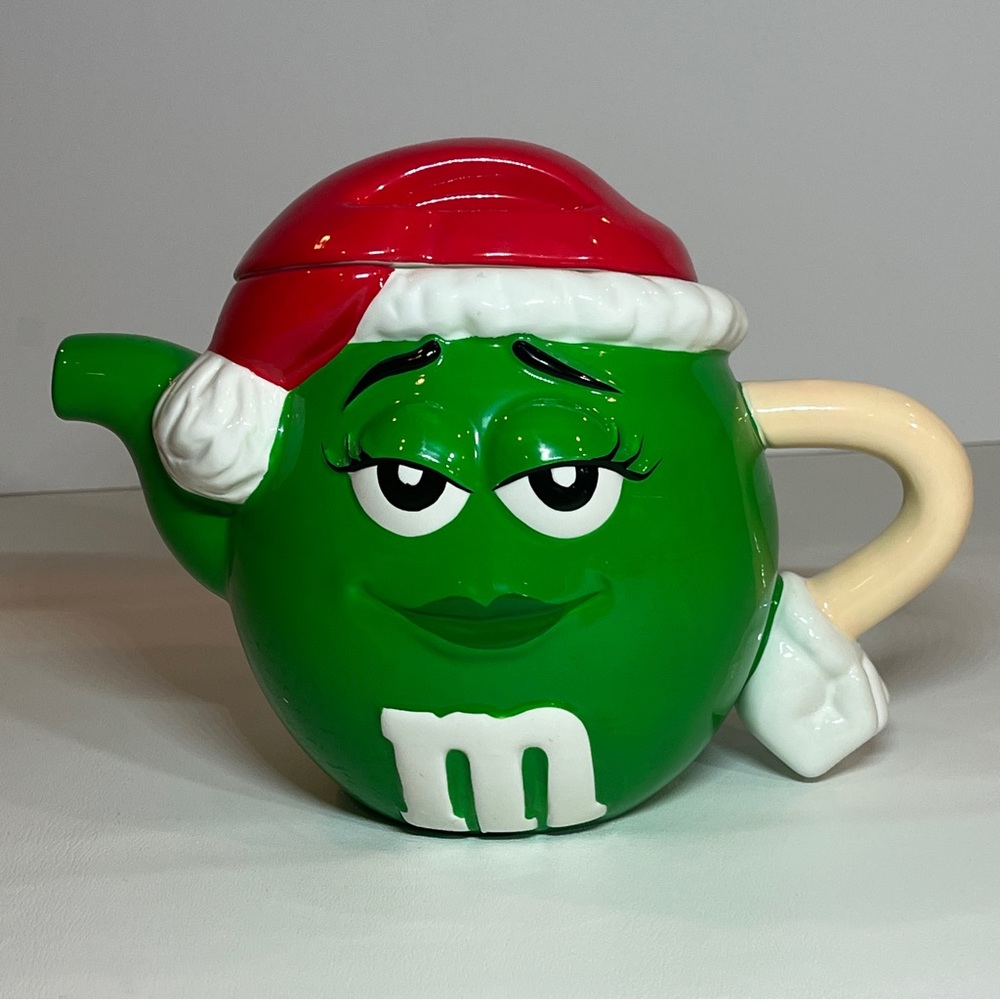 M&M Green Teapot Christmas Santa Hat Holiday Tea Pot Collect